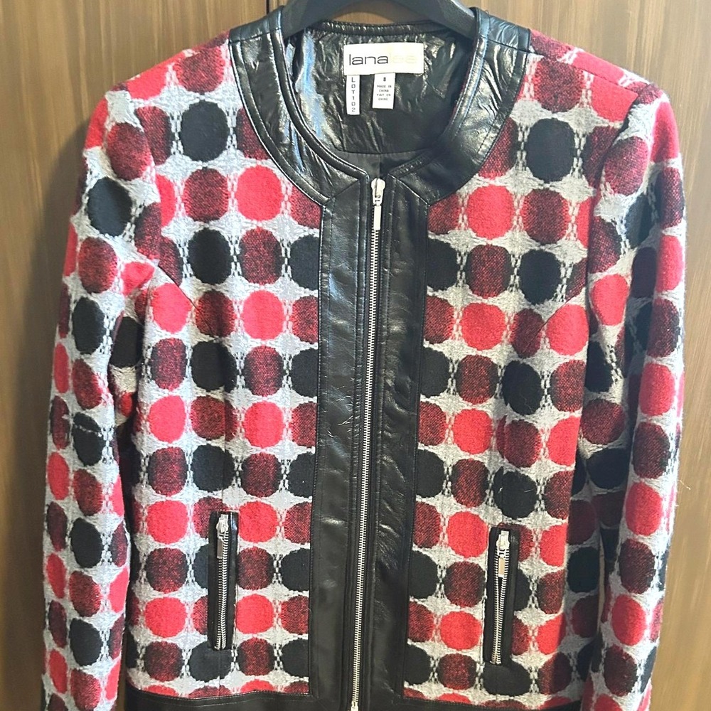 Vintage Lana Lee‎ Red Black Polka Dot Textured Career Jacket 8 Y2K